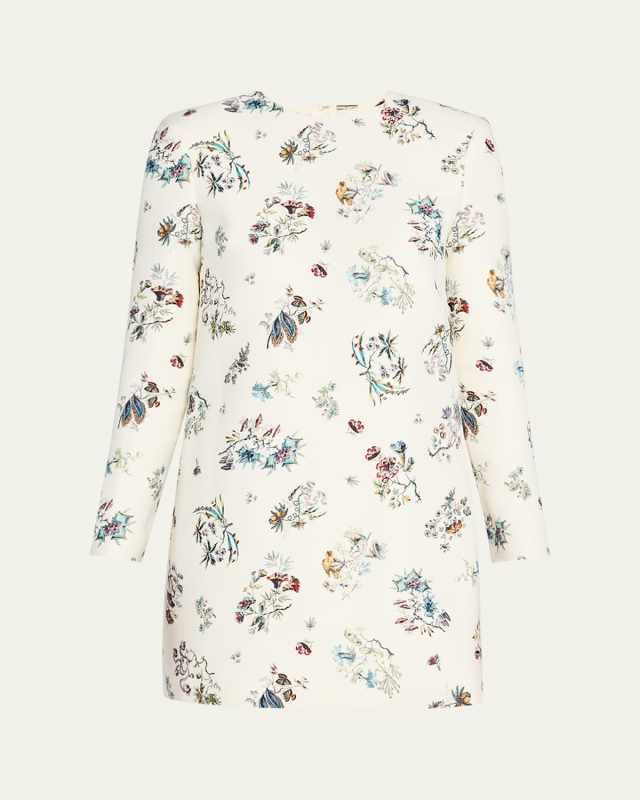 Floral-Print Long-Sleeve Silk Wool Mini Dress